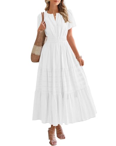 BTFBM Womens Summer 2026 Casual Midi Maxi Dresses Lightweight Short Sleeve V Neck Elastic Waist Boho Beach Dress Pockets(White, XX-Large)