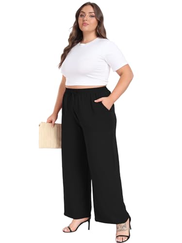 Lastshe Women's Plus Size Pants High Waist Wide Leg Work Casual Palazzo Trousers with Pockets Spring Clothes Fashion Outfits 1X-5X,Black,2X