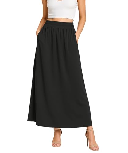 YSYOKOW Women's Flowy Maxi Skirts Elastic High Waisted Casual A-Line Long Skirt with Pockets 2026 Trendy(Black, Medium)