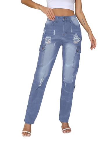 Mom Jeans - SheKiss Boyfriend Stretchy Jeans for Women Distressed Frayed High Waisted Trendy Denim Blue Jeans Blue709