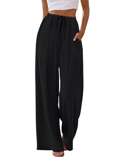Sampeel Women's Pants Wide Leg Dressy Black Linen Pants Palazzo Summer Outfits Fahion Beach Vacation Clothes Business Casual Outfits Travel Airport 2026 Trousers S