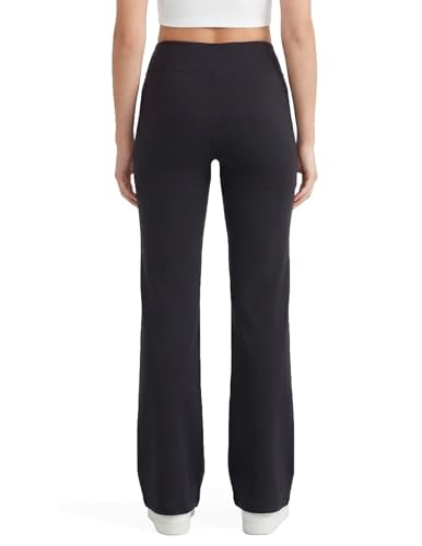 No nonsense Lounge Yoga Pants for Women, Black Flared Cotton Leggings, 32.5” Inseam, Wide Waistband, No Show Coverage, Relaxed Flare Leg, Black, X-Large