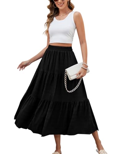 HUSKARY Skirts for Women Trendy Summer Casual High Waisted Flowy Maxi Skirt Spring Loose Tiered Layered Beach Skirt,Black,Large