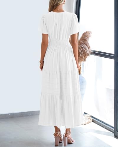 BTFBM Womens Summer 2026 Casual Midi Maxi Dresses Lightweight Short Sleeve V Neck Elastic Waist Boho Beach Dress Pockets(White, XX-Large)