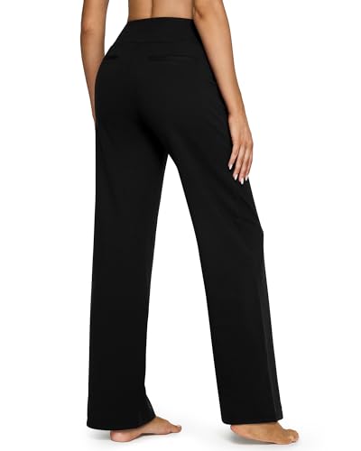 G4Free Petite Wide Leg Pants for Women Yoga Dress Pants with Pockets Straight Leg Sweatpants Stretch Business Casual Work Pants(Black,S,29")