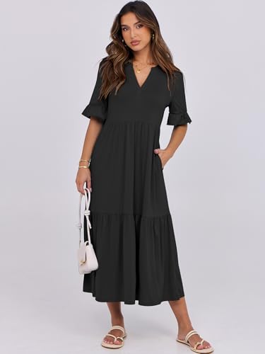 ANRABESS Womens Summer Maxi Dresses Casual Ruffle Short Sleeve V Neck Flowy Tiered 2026 Spring T Shirts Beach Boho Dress Black X-Large