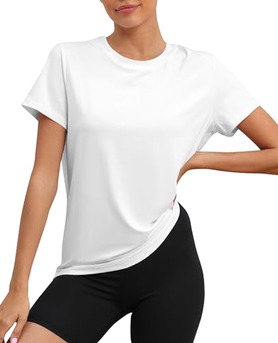 KevaMolly White Workout Tops for Women UPF50+ Breathable Loose Fit Yoga T Shirts Short Sleeve Running Gym Athletic Tee Top XL