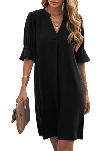 Wkior Summer Dress for Women Short Sleeve Solid Color Loose Casual Elegant Dress Black L