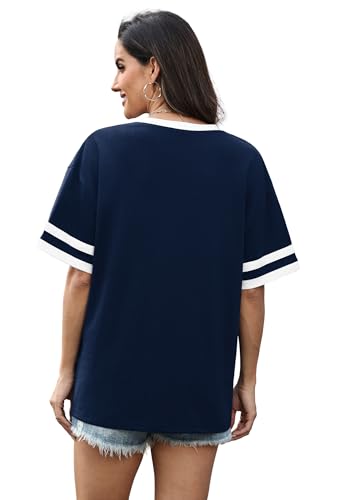WIHOLL Womens Summer Tops for Women Trendy Women's Tops V Neck Tshirts Shirts for Women Plus Size Spring Clothes 2026 Short Sleeve Blouses Dressy Casual Ladies Striped Work Navy Blue L