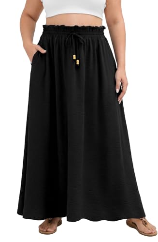 Lastshe Plus Size Maxi Skirts for Women Summer Classic Boho Pleated Elastic High Waist A-line Long Skirt with Pockets,Black,2X