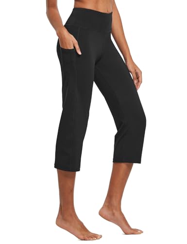 baleaf Yoga Pants for Women Capris High Waist Leggings with Pockets Wide Leg Exercise Workout Crop Straight Open Bottom Black L