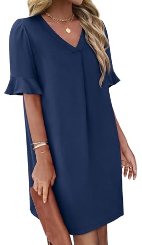 OFEEFAN Navy Dresses for Women Flowy Ruffle V Neck Rehearsal Dinner Dresses for Women with Pockets XL