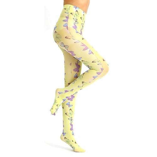 Generic Women's Patterned Tights with Design Colorful and Dazzling Pantyhose Sheer Stockings (One Size,Yellow Butterfly)