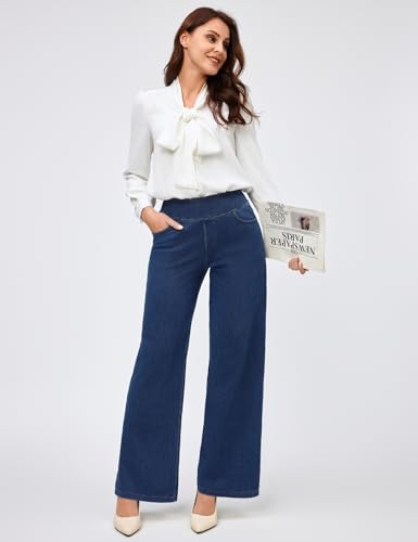 IUGA Wide Leg Jeans Woman High Waisted Pull On Baggy Jeans for Women Stretchy Trendy Womens Jean Straight Casual Denim Pants Dark Blue
