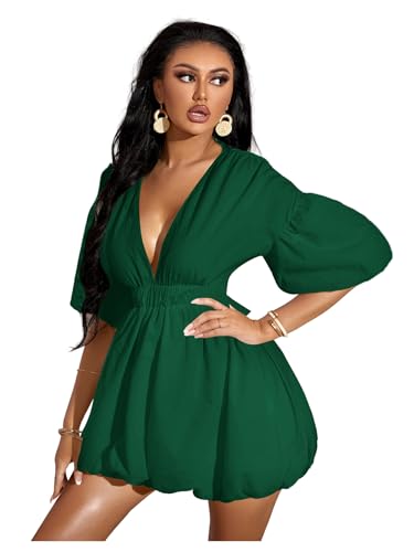 Sabrina Carpenter Yellow Dress - Women's Deep V Neck Puff Sleeve High Rise Flare Dress Elastic Waist Dress Dark Green