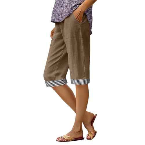 Women Cotton Linen Knee Length Capri Pants Dressy Lightweight Bermuda Shorts Drawstring Beach Vacation Slacks Trousers Brown