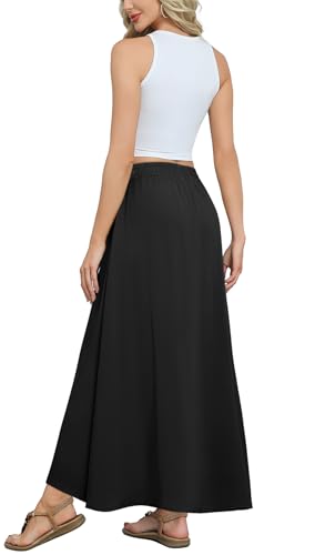 Askyes Womens Black Maxi Skirts Elastic High Waisted Tie Knot Casual Flowy Beach Boho Long Skirts with Pockets,L