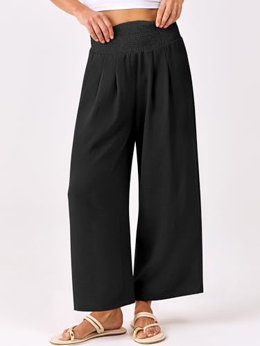 ANRABESS Womens Pants Wide Leg High Waisted Palazzo Pants Summer Flowy Beach Lounge Casual Trousers with Pockets Black Large