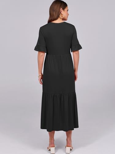 ANRABESS Womens Summer Maxi Dresses Casual Ruffle Short Sleeve V Neck Flowy Tiered 2026 Spring T Shirts Beach Boho Dress Black X-Large