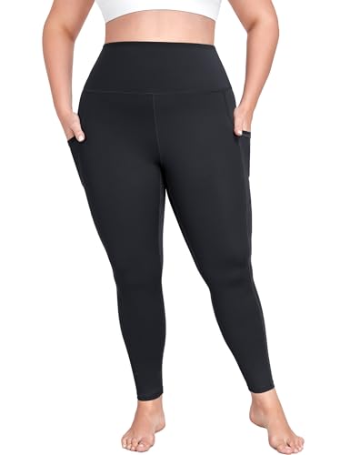 MEJING Plus Size Black Leggings for Curvy Women with Pockets, High Waist Yoga Pants Tummy Control, Stretch Workout Leggings, Soft Activewear 3XL