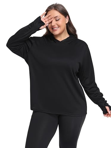 ZERDOCEAN Womens Plus Size Workout Tops Hoodie Long Sleeve Shirts Outfits for Hiking Running Cover Ups for Women Black 2X