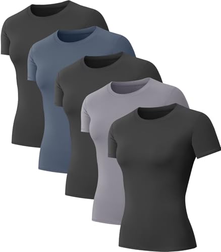 NebuKinex 5-Pack Women's Compression Shirts Short Sleeve Workout Tops Athletic Baselayer Quick Dry Gym Yoga Running T-Shirt Large
