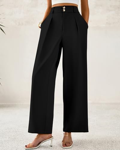 BTFBM Women Wide Leg Dress Pants 2026 High Waisted Button Pleated Business Casual Trousers Office Work Palazzo Pants(Black, X-Large)
