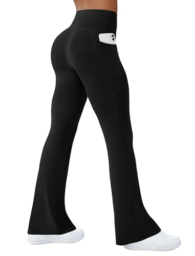 COPYLEAF Womens Yoga Pants with Pockets High Waisted Flare Leggings Bell Bottom Yoga Dress Pants Seamless Bootcut Pants(Black L)