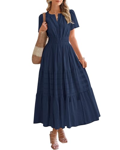 BTFBM Womens Summer 2026 Casual Midi Maxi Dresses Lightweight Short Sleeve V Neck Elastic Waist Boho Beach Dress Pockets(Navy, Medium)