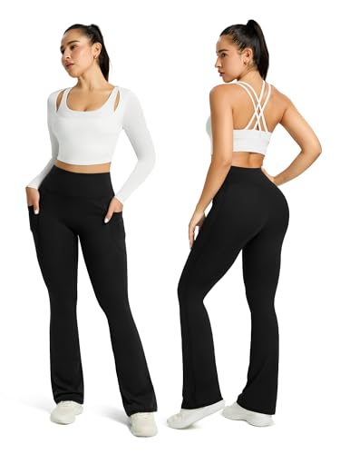 PRETISKY Womens Flared Yoga Pants with Pockets, High Waisted Flare Leggings Bell Bottom Bootcut Yoga Dress Pants Black