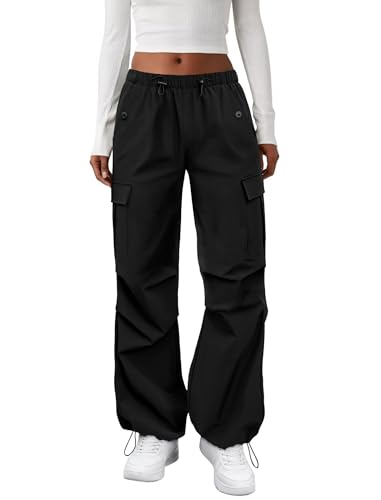COPYLEAF Cargo Pants Women Elastic Waisted Parachute Hiking Pants with Pockets Water Resistant Lightweight Baggy Pants(Black M)