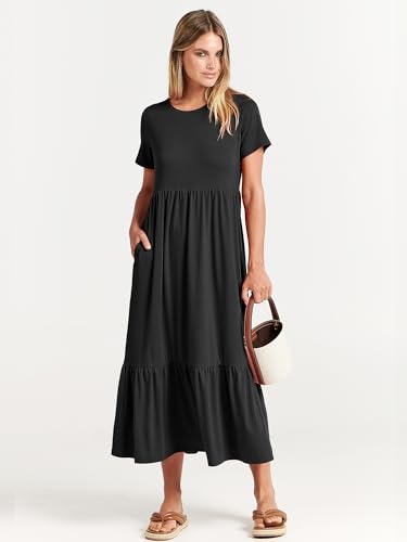 ANRABESS Womens 2026 Summer Casual Maxi Dress A line Tiered Flowy Short Sleeve Crewneck T Shirt Beach Travel Long Dresses Black X-Large