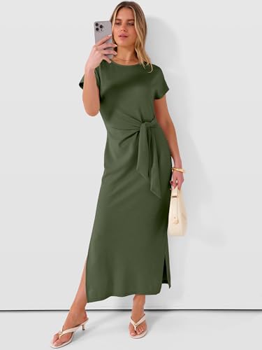 ANRABESS Womens Summer Maxi Dress Casual Crew Neck Tie Waist Split Wrinkle-Free Fit Long Fashion Vacation Dresses 2026 Spring Army Green X-Large
