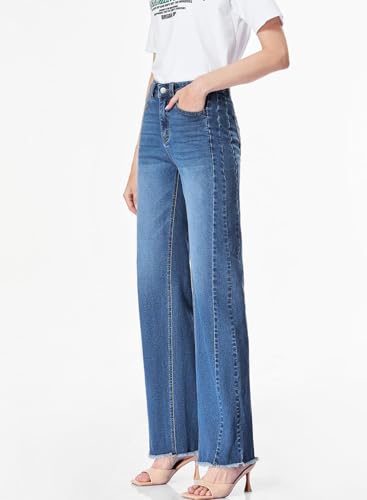 Sidefeel Women's Wide Leg Jeans High Waisted Stretchy Raw Hem Denim Pants Size 12 Blue