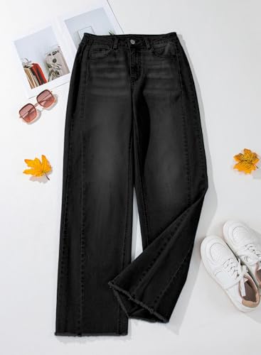 Sidefeel Women's High Waisted Jeans Stretchy Raw Hem Straight Leg Denim Pants Size 12 Black