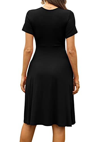 WEACZZY Summer Dress for Women Casual Short Sleeve Black Dresses Wrap V-Neck Party Dress with Pockets,Black,XL