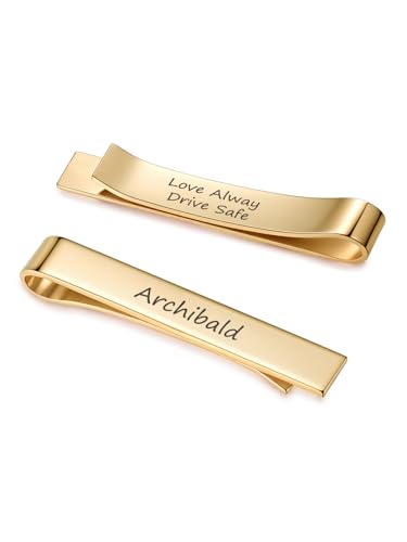 Zysta Free Engraving - Personalized Custom Mens High Polished Stainless Steel Tie Bar Pinch Clip for Regular Ties 2.12 Inch, Silver, Black, Gold + Gift Box