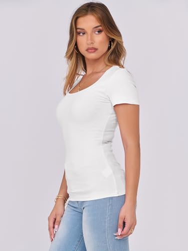 ANRABESS Women Short Sleeve Tops Scoop Neck Ribbed Knit Slim Fitted Basic Tee Shirt Casual Summer Clothes 2026 Spring Outfits White Large