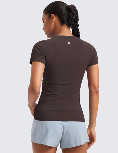 CRZ YOGA Seamless Workout Tops for Women Hip Length - Athletic Running Gym Yoga Short Sleeve Shirts Breathable Crewneck Tees Hot Fudge Brown X-Large