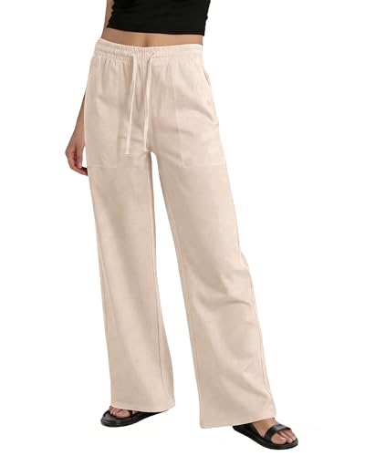 keriffe Womens Linen Casual Pants Wide Leg Summer Beach Palazzo Trousers with Pockets Khaki