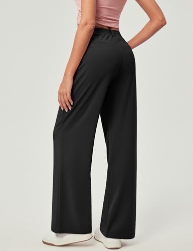 IUGA Wide Leg Pants Woman Pull on Stretchy Work Dress Pants High Waisted Business Casual Trousers Slacks Standard, Large, Black
