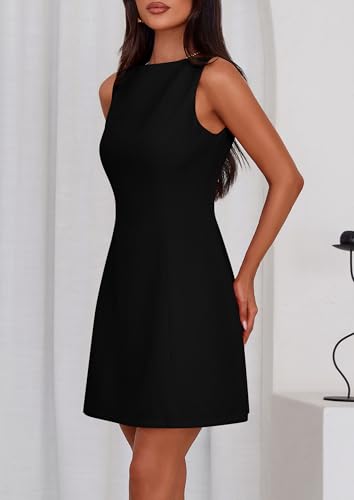 PRETTYGARDEN Womens Formal Short Dresses 2026 Summer Sleeveless Boat Neck A Line Elegant Mini Cocktail Party Dress (Black,Medium)