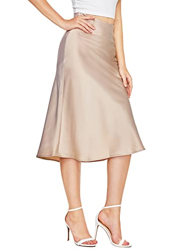 Cream Satin Skirt Outfit - Verdusa Womens Elegant High Waist Satin A Line Flared Midi Skirt