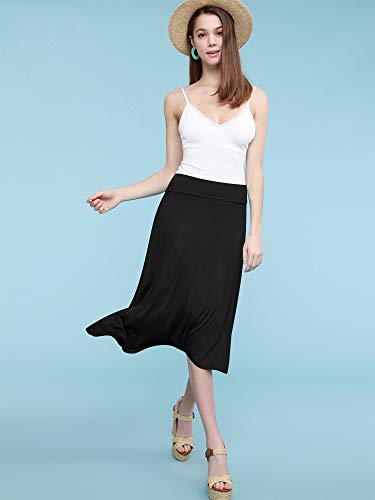 Lock and Love LL WB1105 Womens Lightweight Fold Over Flared Midi Skirt M Black