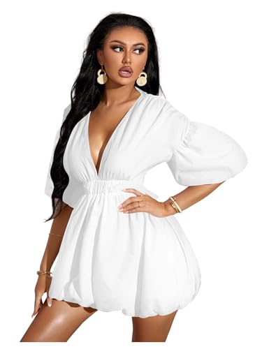 Sabrina Carpenter Yellow Dress - Women's Deep V Neck Puff Sleeve High Rise Flare Dress Elastic Waist Dress Pure White