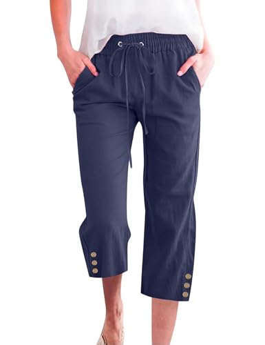 WROLEM Women’s Casual Capris Loose High Waist Elastic Drawstring Pants with Pockets Lightweight Button Trim Trousers Navy