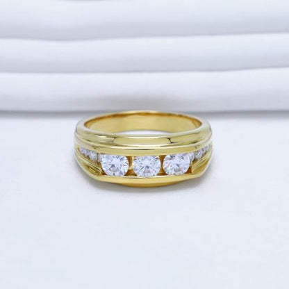 Men's 3-stone Anniversary Wedding Band Ring Round Lab Created Moissanite Channel Set Ring In 14K Yellow Gold Plated Sterling Silver Jewelry For Him (1.00 Cttw) Size 9