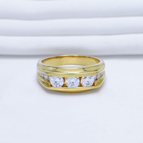 Men's 3-stone Anniversary Wedding Band Ring Round Lab Created Moissanite Channel Set Ring In 14K Yellow Gold Plated Sterling Silver Jewelry For Him (1.00 Cttw) Size 9