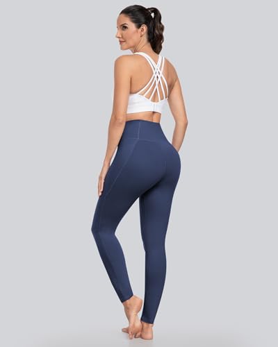 CHRLEISURE Leggings with Pockets for Women - Tummy Control High Waisted Soft Workout Yoga Pants（Navy,XL）