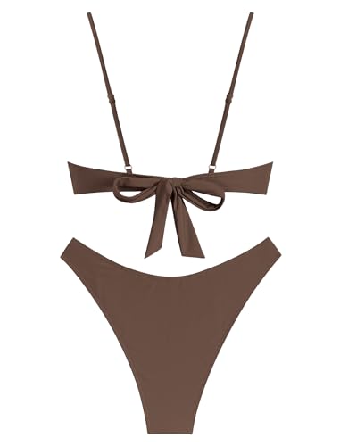ZAFUL Women High Cut Bikini Sets String Sexy Swimsuit Two Piece Underwire Bathing Suit Brazilian Cheeky Cut Out Cute Swimwear Coffee L